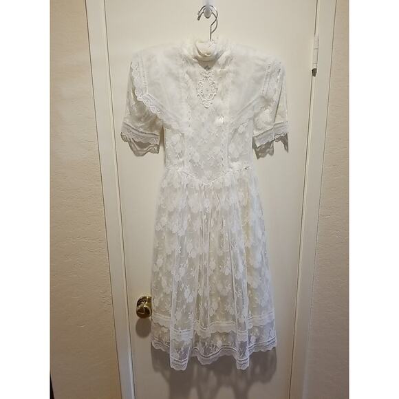 Vintage 90s Jessica McClintock Ivory Lace Floral Dress Girls Size 10 Mock Neck - Picture 2 of 13